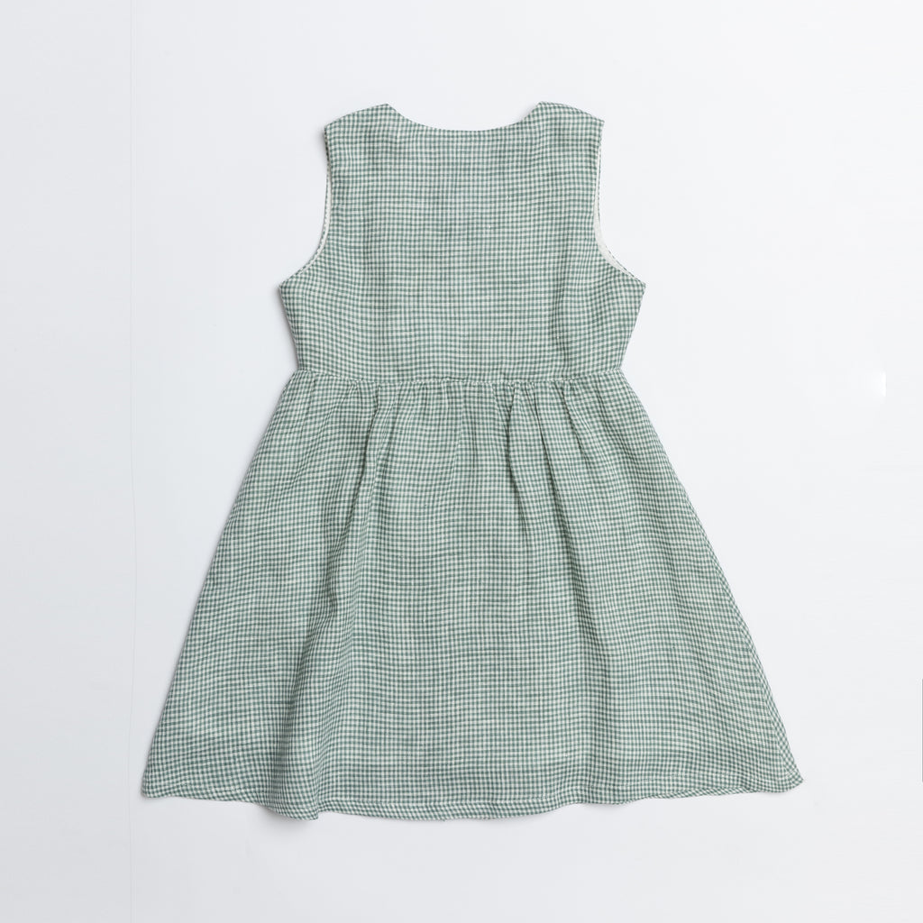 Bochechas Green Gingham Double Button Linen Dress